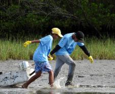 Voluntários limpando manguezal