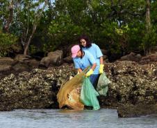 Voluntários limpando manguezal